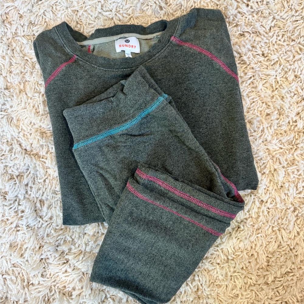 Sundry Charcoal Gray Lounge Set with Pink and Teal Stitching
